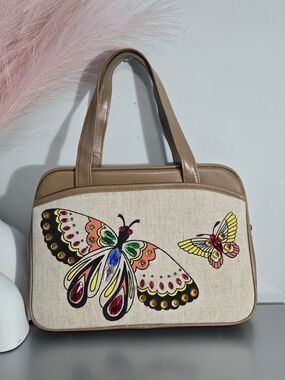 Vintage 1970s Ambassador Butterfly Jewel Canvas Handbag